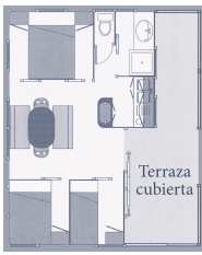 Plano de distribución de un apartamento con terraza cubierta.
